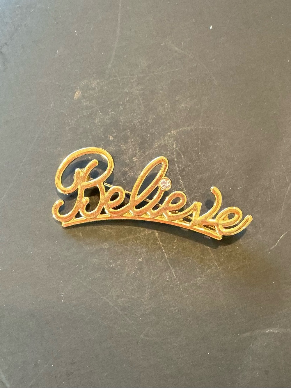 "Believe" Gold-tone Script & Rhinestone Pin Brooch